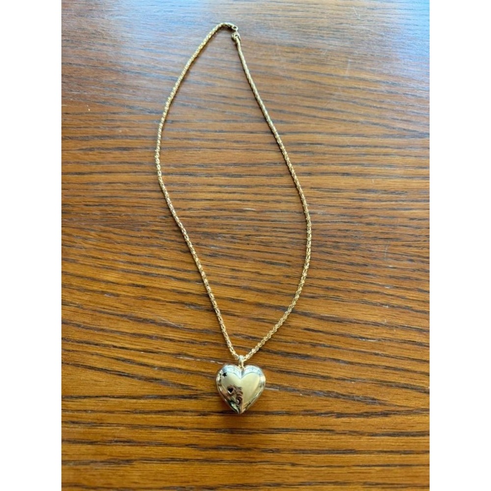 Gold Tone Puff Heart Pendant Necklace Cutout celestial